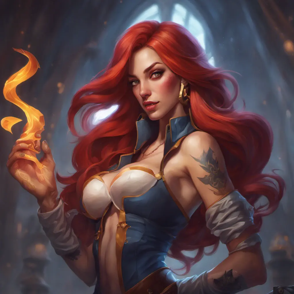 Matte portrait of Miss Fortune from League of Legends with tattoos, 8k, Highly Detailed, Powerful, Alluring, Artstation, Magical, Digital Painting, Photo Realistic, Sharp Focus, Volumetric Lighting, Concept Art by Stanley Artgerm Lau, Alphonse Mucha, Greg Rutkowski