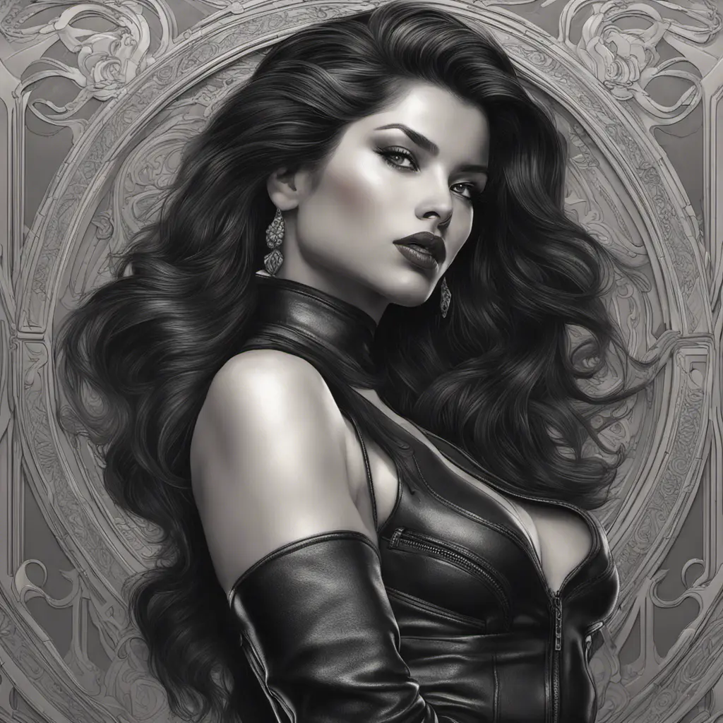 Alluring matte portrait of the beautiful goddess Selena in black leather in the style of Stefan Kostic, 8k, Highly Detailed, Intricate, Realistic, Sharp Focus, Volumetric Lighting, Fantasy, Elegant by Stanley Artgerm Lau, Alphonse Mucha, WLOP