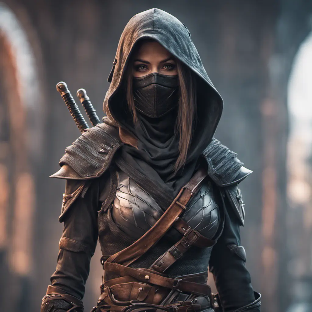 Alluring highly detailed matte portrait of beautiful female ninja wearing Assassin Creed armor in the style of Stefan Kostic, 8k, High Definition, Highly Detailed, Intricate, Half Body, Realistic, Sharp Focus, Fantasy, Elegant