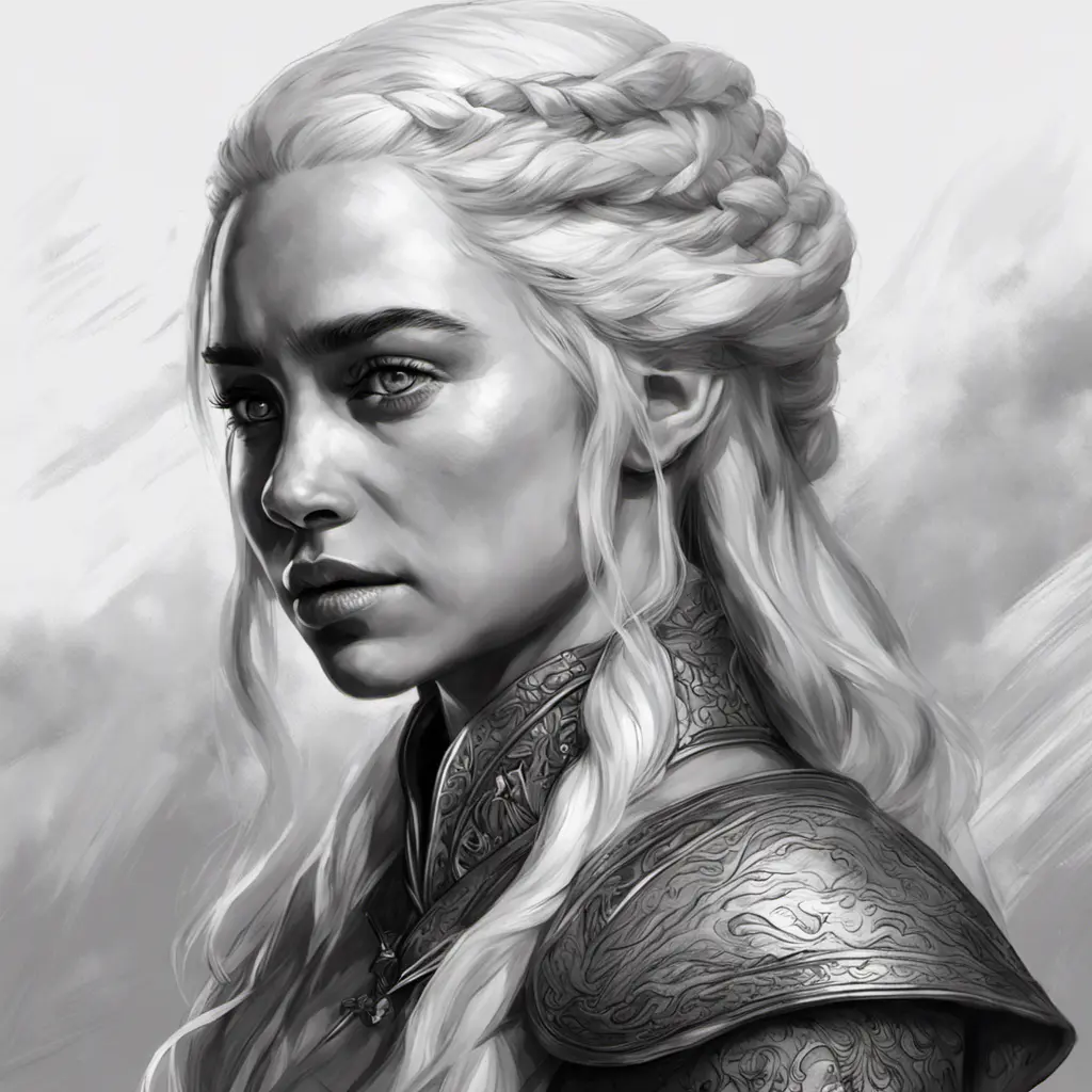 Black & White portrait of Daenerys Targaryen, Highly Detailed, Intricate, Artstation, Beautiful, Digital Painting, Sharp Focus, Concept Art, Elegant