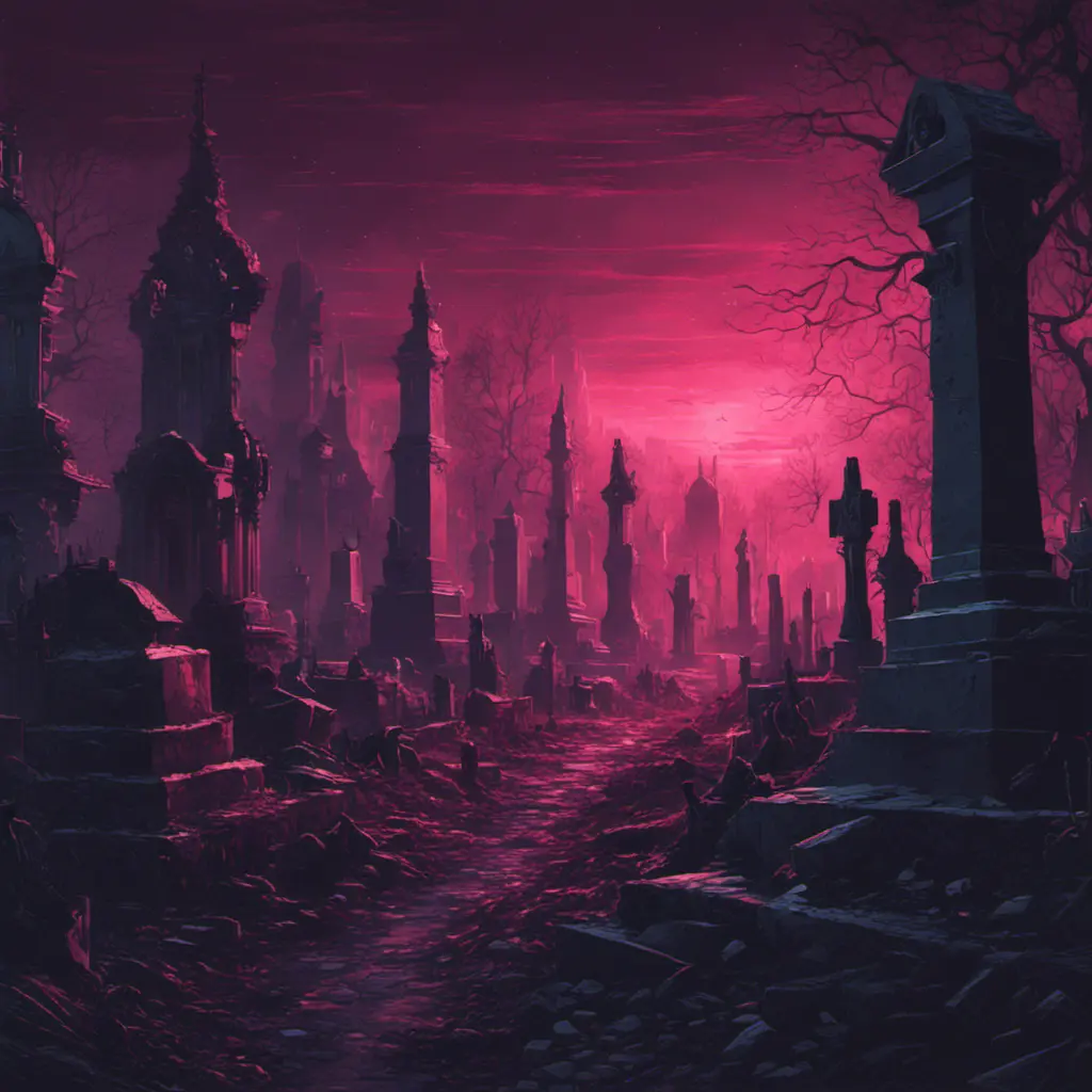 Hyper Detailed illustration of an eerie dystopian graveyard at night, 8k, Gothic and Fantasy, Horror, Epic, Sharp Focus, Deviantart by Alena Aenami, Studio Ghibli