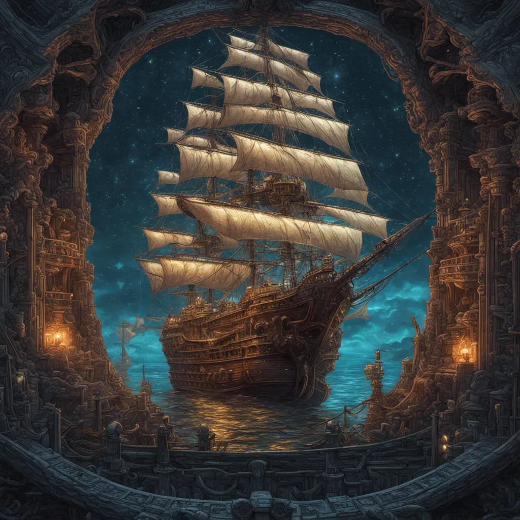 Pirate Ship, Intricate, Ultra Detailed, Symmetry, Beautiful, Sharp Focus, Astrophotography, Centered, Volumetric Lighting by Dan Mumford, Marc Simonetti