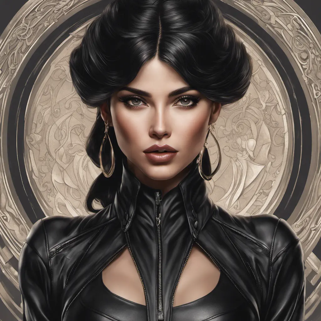 Alluring matte portrait of the beautiful goddess Selena in black leather in the style of Stefan Kostic, 8k, Highly Detailed, Intricate, Realistic, Sharp Focus, Volumetric Lighting, Fantasy, Elegant by Stanley Artgerm Lau, Alphonse Mucha, WLOP