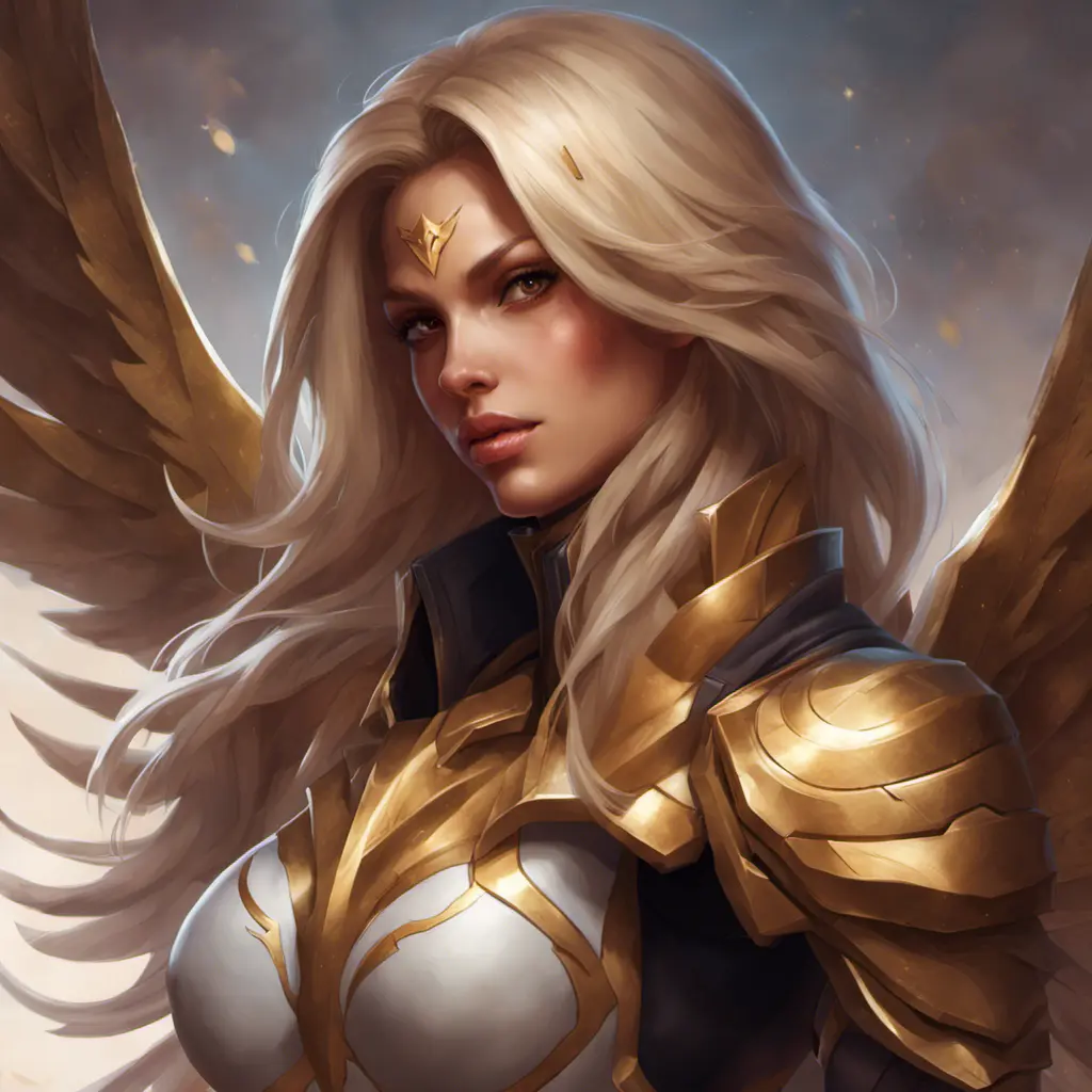 Matte portrait of Kayle from League of Legends with tattoos, 8k, Highly Detailed, Powerful, Alluring, Artstation, Magical, Digital Painting, Photo Realistic, Sharp Focus, Volumetric Lighting, Concept Art by Stanley Artgerm Lau, Alphonse Mucha, Greg Rutkowski