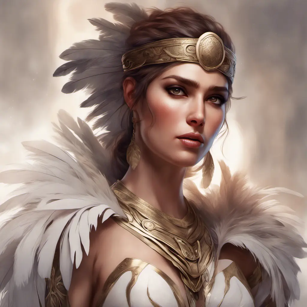 Alluring matte portrait of a beautiful Kassandra wearing feathers, 8k, Highly Detailed, Intricate, Half Body, Realistic, Sharp Focus, Volumetric Lighting, Fantasy, Elegant by Stanley Artgerm Lau, Alphonse Mucha, WLOP