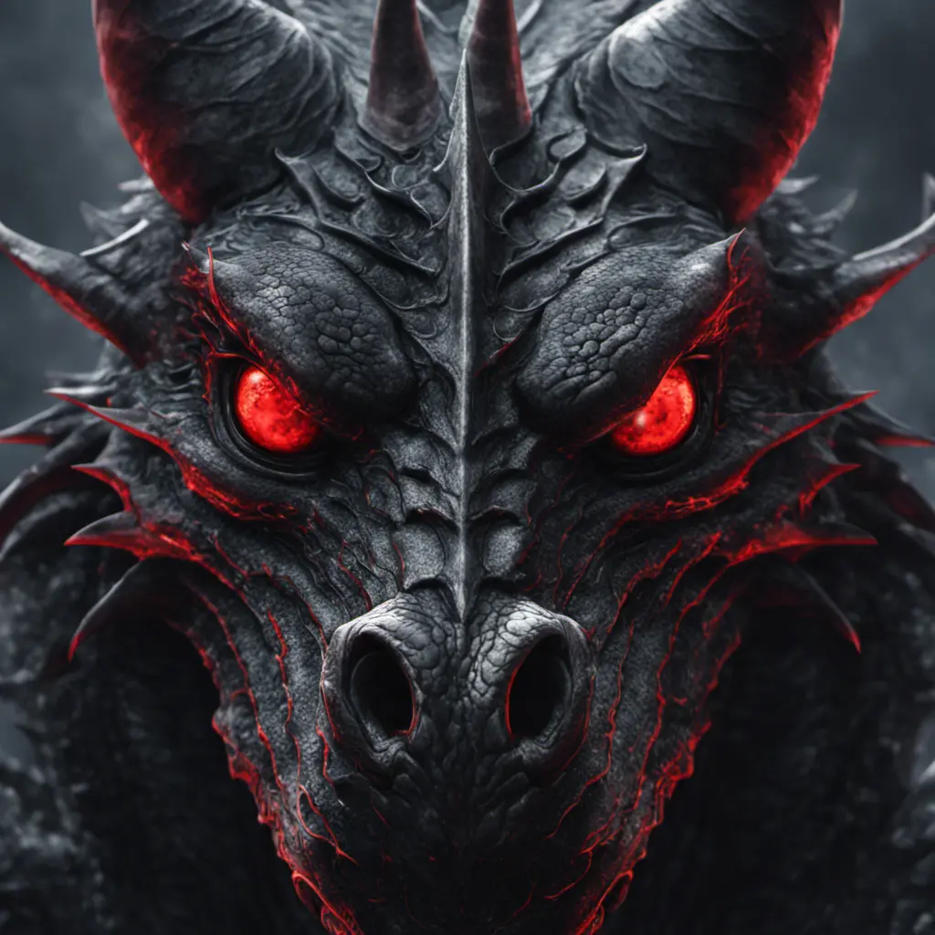 a black dragon with red eyes in 2d, 4k resolution, 8k, HDR, High Definition, High Resolution, Highly Detailed, Hyper Detailed, Ultra Detailed, Closeup of Face, Gothic and Fantasy, Gothic, Horns, Large Eyes, Soft Details, Strong Jaw, Digital Illustration