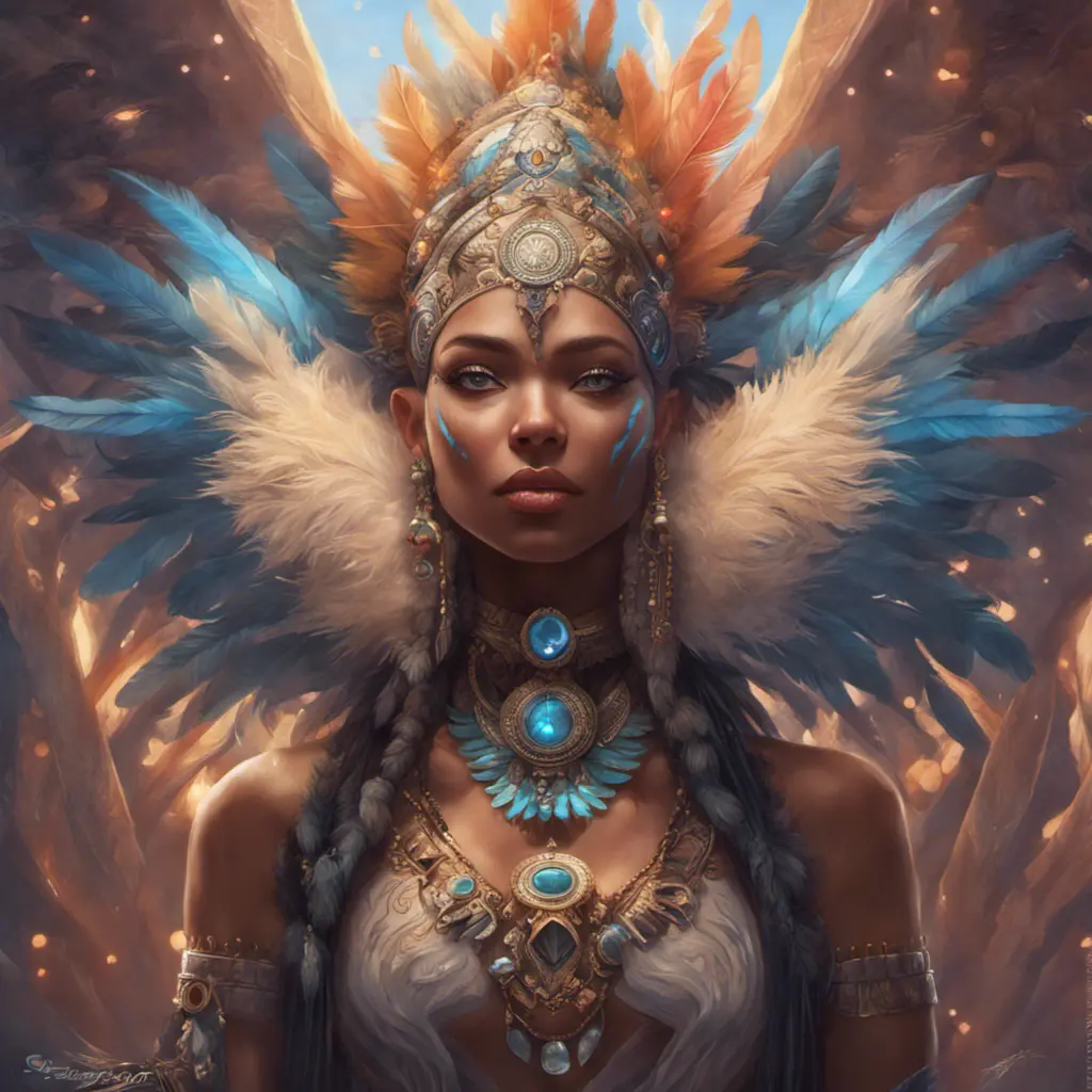 A visionary painting of a single alluring electronic mystical tribal goddess surrounded by feathers and gemstones, 8k, Highly Detailed, Intricate, Artstation, Matte Painting, Sharp Focus, Volumetric Lighting, Concept Art by Stanley Artgerm Lau, Greg Rutkowski