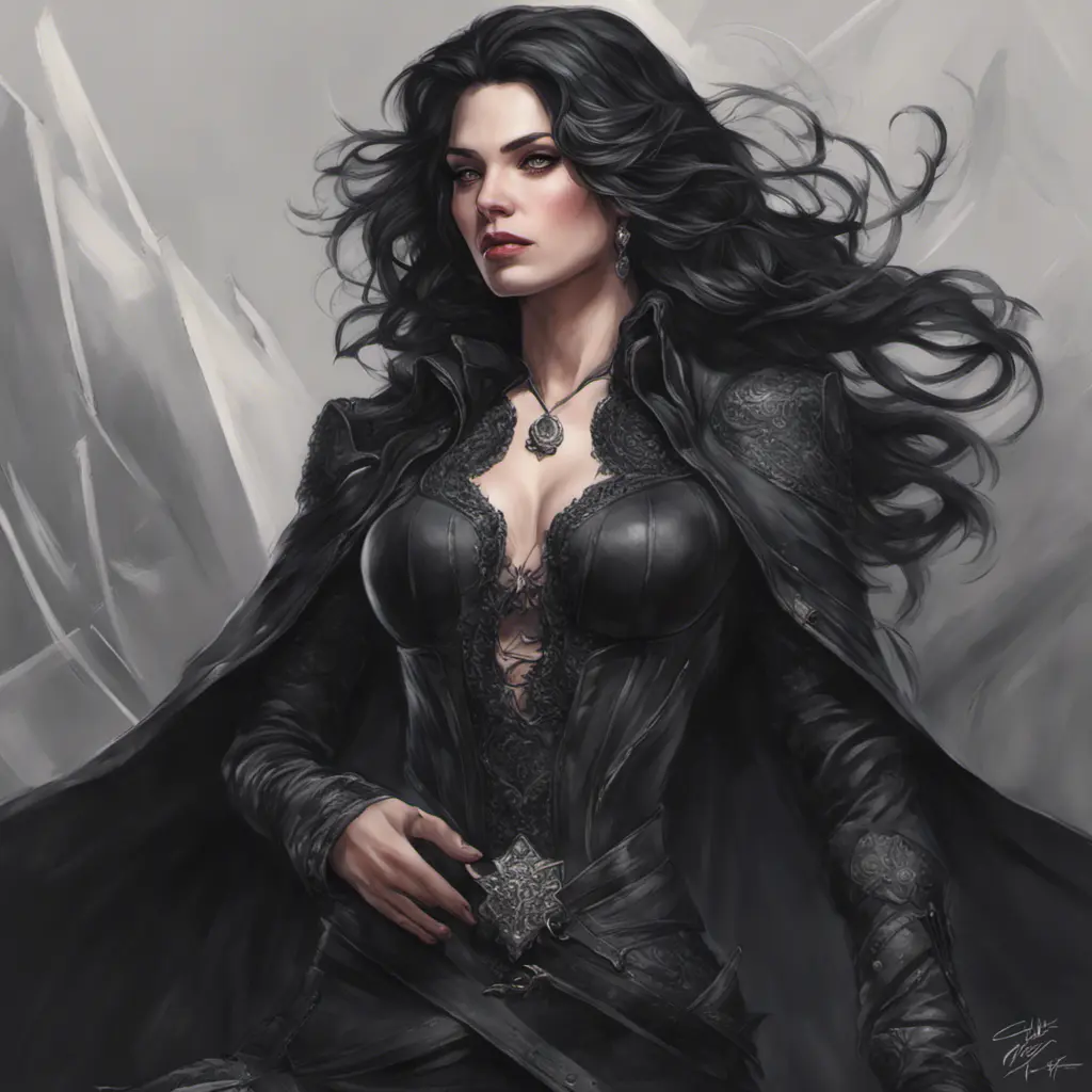 Alluring matte portrait of a fierce beautiful Yennefer in black, 8k, Highly Detailed, Intricate, Half Body, Realistic, Sharp Focus, Volumetric Lighting, Fantasy, Elegant by Stanley Artgerm Lau, Alphonse Mucha, WLOP, Stefan Kostic