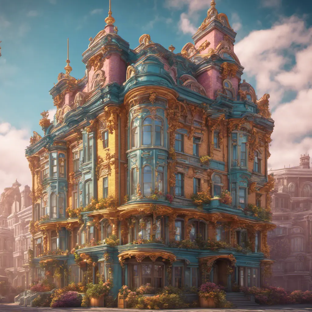 art nuveau exterior fantasy colorful building office space futuristic rococco baroques victorian, 8k, Highly Detailed, Hyper Detailed, Masterpiece, Vintage Illustration, Cinematic Lighting, Photo Realistic, Sharp Focus, Smooth, Octane Render, Digital Art, Vector Art, Soft