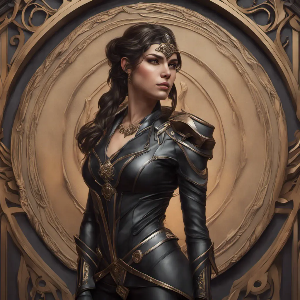 Alluring matte portrait of a beautiful Kassandra wearing black leather, 8k, Highly Detailed, Intricate, Half Body, Realistic, Sharp Focus, Volumetric Lighting, Fantasy, Elegant by Stanley Artgerm Lau, Alphonse Mucha, WLOP, Stefan Kostic