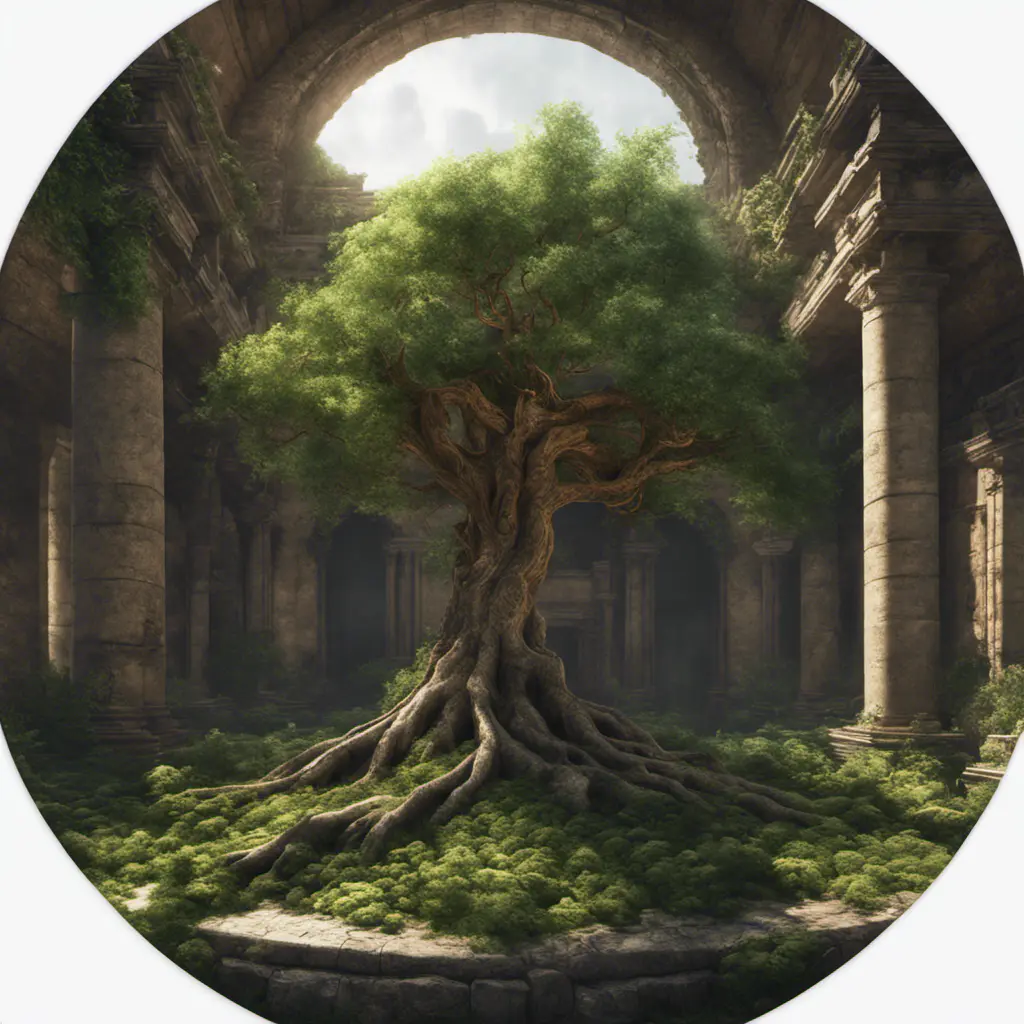 A Tree Of Life growing in the middle of overgrown ancient ruins indoors., 4k resolution, Hyper Detailed, Trending on Artstation, Volumetric Lighting, Concept Art, Digital Art, Fantasy, Dark by Greg Rutkowski