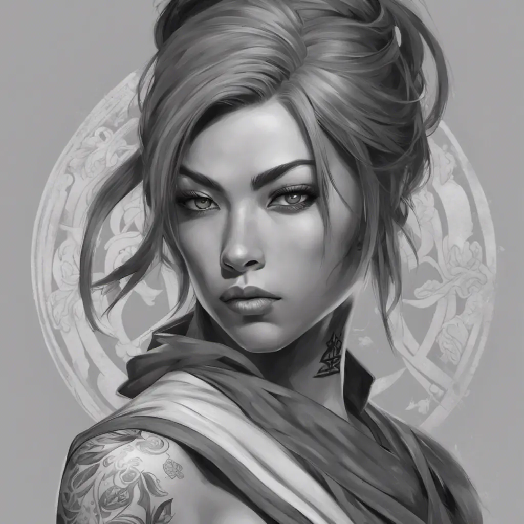 Grayscale matte portrait of a beautiful female ninja with tattoos, 4k, Highly Detailed, Powerful, Alluring, Artstation, Magical, Digital Painting, Photo Realistic, Sharp Focus, Volumetric Lighting, Concept Art by Stanley Artgerm Lau, Alphonse Mucha, Greg Rutkowski