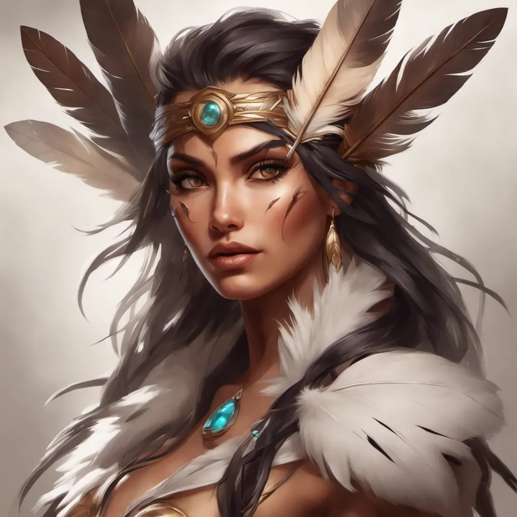 Alluring matte portrait of a beautiful Nidalee wearing feathers, 8k, Highly Detailed, Intricate, Half Body, Realistic, Sharp Focus, Volumetric Lighting, Fantasy, Elegant by Stanley Artgerm Lau, Alphonse Mucha, WLOP