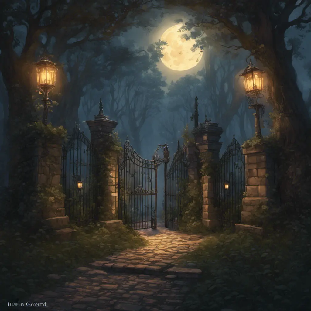 A beautiful digital illustration painting of a detailed gothic fantasy fireflies forest trees and iron gate cobblestone pathway vines full moon, 8k, Artstation, Digital Illustration, Concept Art by Justin Gerard, James Gurney