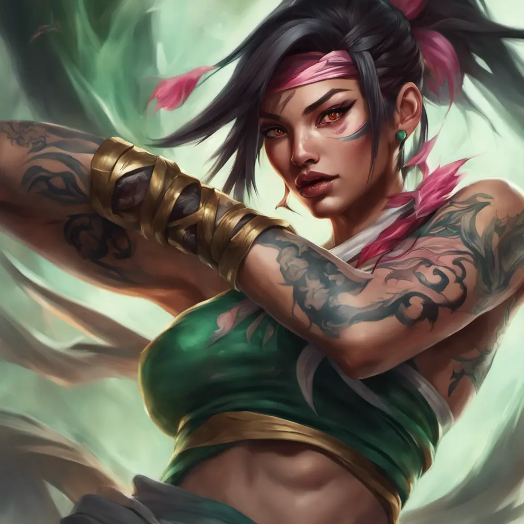 Matte portrait of Akali from League of Legends with tattoos, 8k, Highly Detailed, Powerful, Alluring, Artstation, Magical, Digital Painting, Photo Realistic, Sharp Focus, Volumetric Lighting, Concept Art by Stanley Artgerm Lau, Alphonse Mucha, Greg Rutkowski