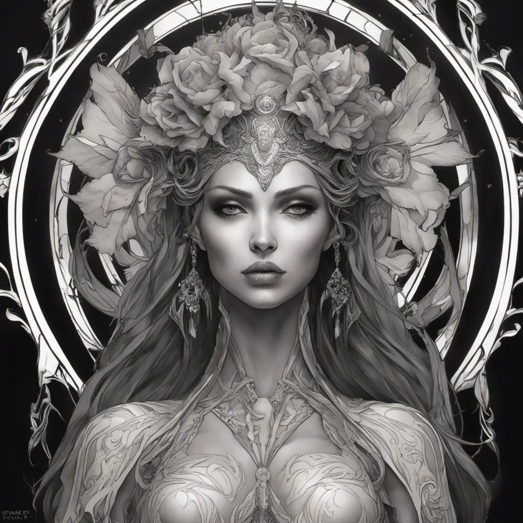 Alluring matte portrait of the beautiful goddess of death Ker in black, 8k, Highly Detailed, Intricate, Realistic, Sharp Focus, Volumetric Lighting, Fantasy, Elegant by Stanley Artgerm Lau, Alphonse Mucha, WLOP