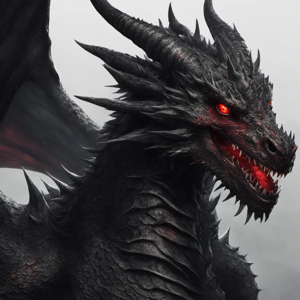 a black dragon with red eyes in 2d, 4k resolution, 8k, HDR, High Definition, High Resolution, Highly Detailed, Hyper Detailed, Ultra Detailed, Closeup of Face, Gothic and Fantasy, Gothic, Horns, Large Eyes, Soft Details, Strong Jaw, Digital Illustration