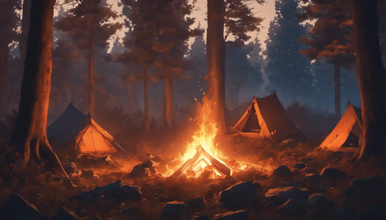 A highly detailed matte painting of a camp fire in the forest at night in the style of Firewatch, 4k resolution, Masterpiece, Trending on Artstation, Volumetric Lighting by Stanley Artgerm Lau, Greg Rutkowski, Makoto Shinkai, WLOP