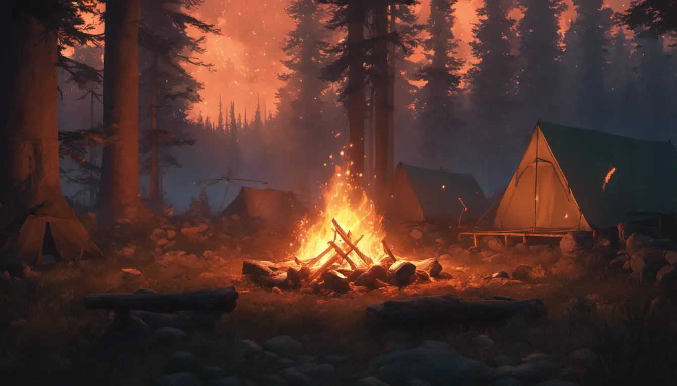 A highly detailed matte painting of a camp fire in the forest at night in the style of Firewatch, 4k resolution, Masterpiece, Trending on Artstation, Volumetric Lighting by Stanley Artgerm Lau, Greg Rutkowski, Makoto Shinkai, WLOP