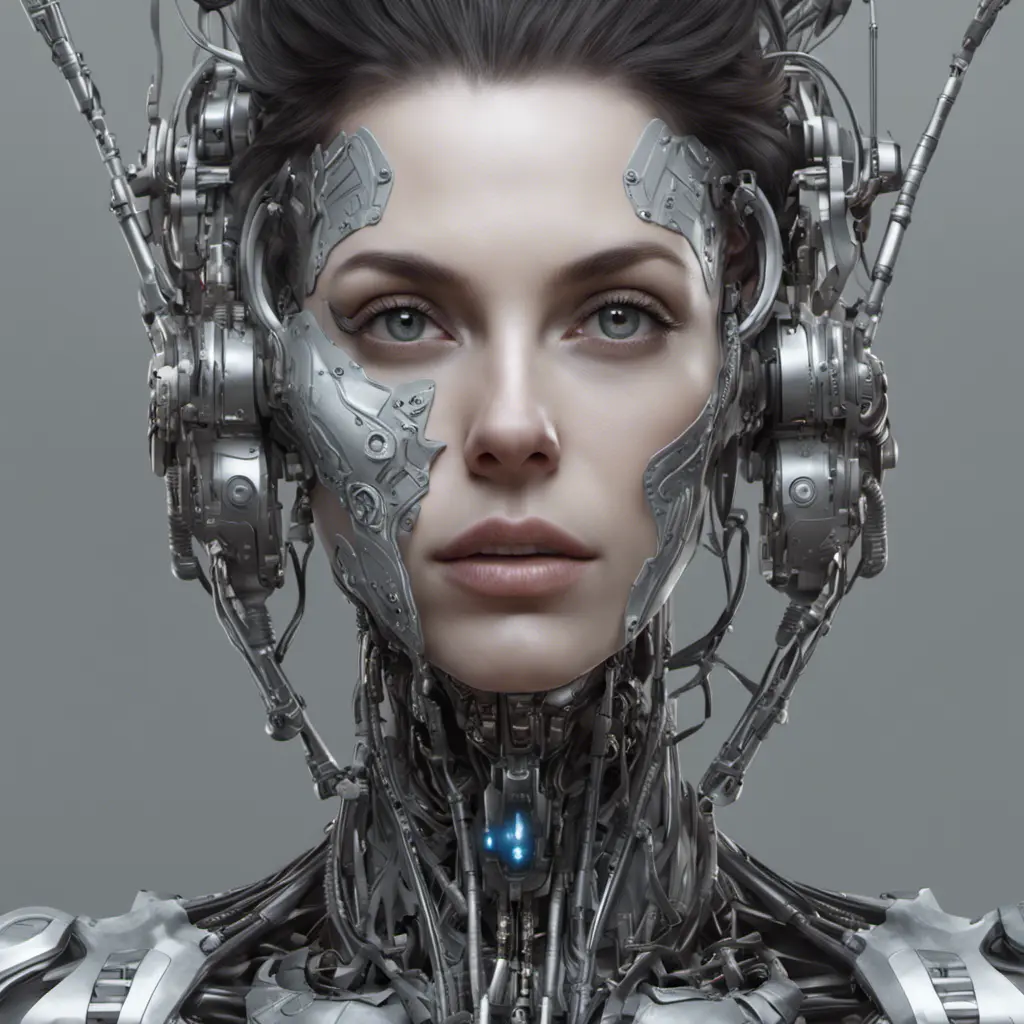 Alluring highly detailed matte portrait of a beautiful cyborg in the style of Stefan Kostic, 8k, High Definition, Highly Detailed, Intricate, Half Body, Realistic, Sharp Focus, Fantasy, Elegant