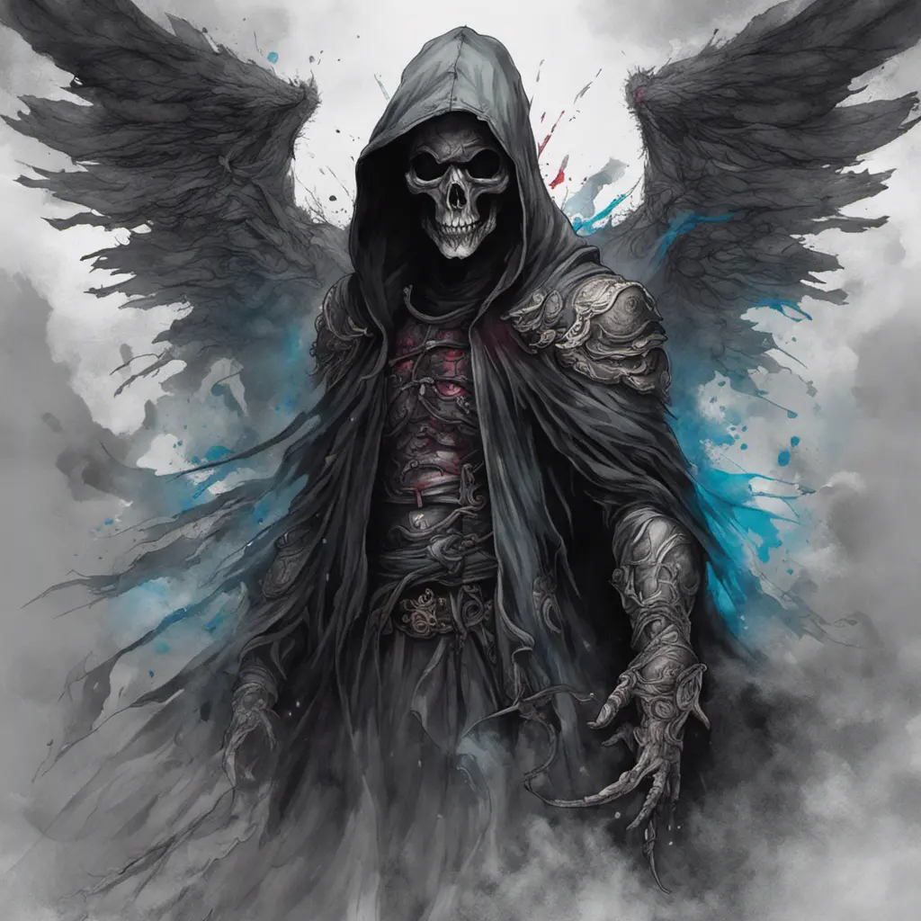 Hooded Angel of Death emerging from the fog of war, ink splash, Highly Detailed, Vibrant Colors, Ink Art, Fantasy, Dark by Stanley Artgerm Lau