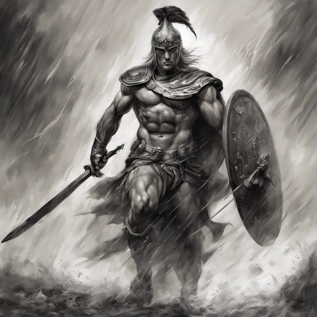 Achilles emerging from the fog of battle, Highly Detailed, Color Splash, Ink Art, Fantasy, Dark by Stanley Artgerm Lau