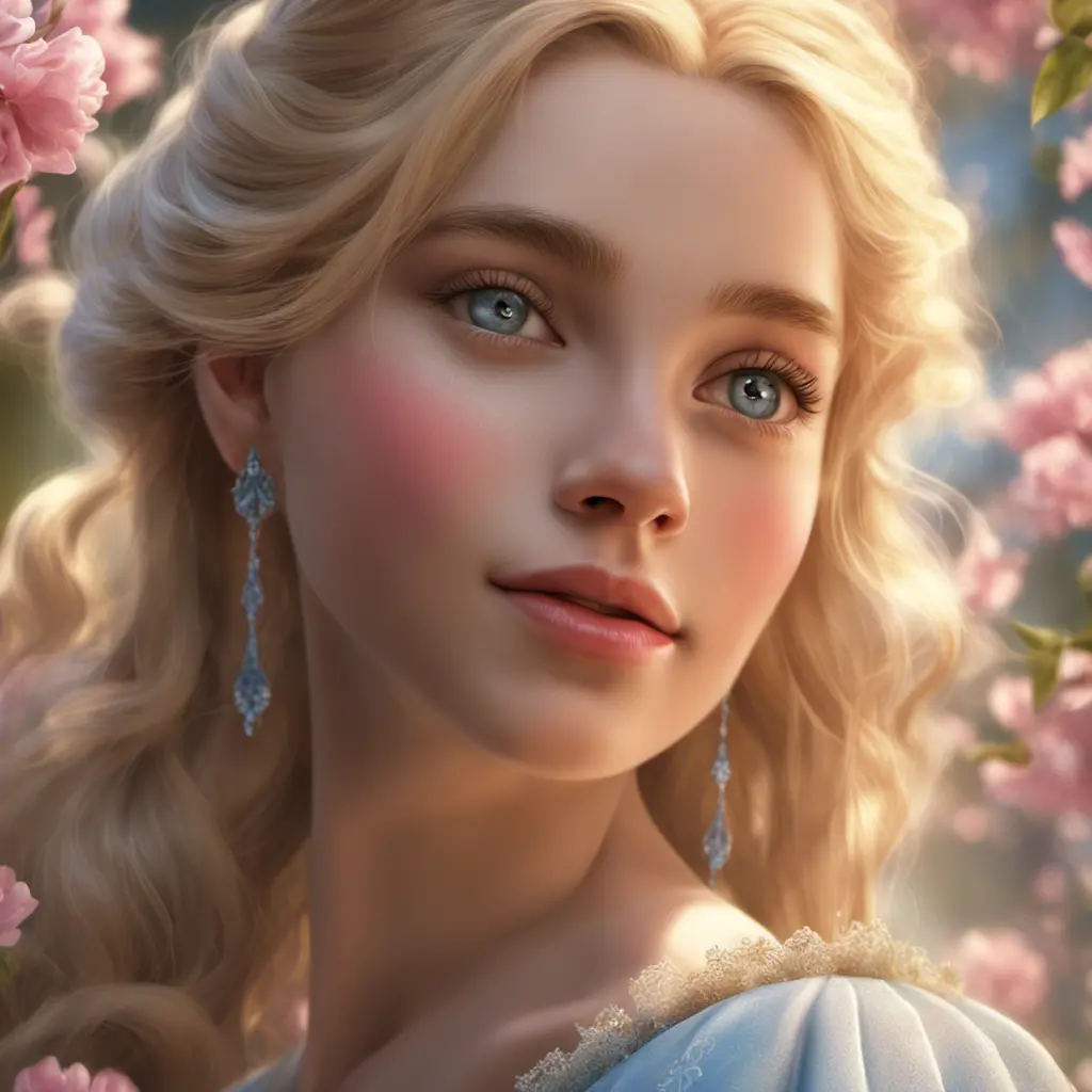 Cinderella, Atmospheric, High Definition, Highly Detailed, Hyper Detailed, Intricate Artwork, Intricate Details, Masterpiece, Ultra Detailed, Closeup of Face, Half Body, Beautiful, Gorgeous, Unimaginable Beauty, Blonde Hair, Large Eyes, Perfect Face, Pretty Face, Rosy Cheeks, Small Nose, Smiling, Matte Painting, Spring, Sunny Day, Sharp Focus, Centered, Beautifully Lit, Closeup Portrait, Portrait, Fantasy, Colorful, Vivid by Stefan Kostic