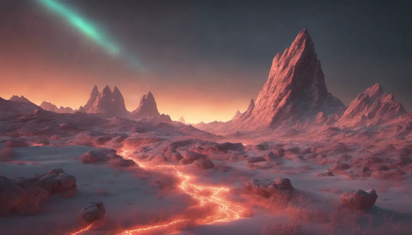 Iridescent opalescent landscape, warm tones, 8k, Award-Winning, Highly Detailed, Beautiful, Octane Render, Unreal Engine, Bioluminescent, Radiant, Volumetric Lighting by Michal Karcz