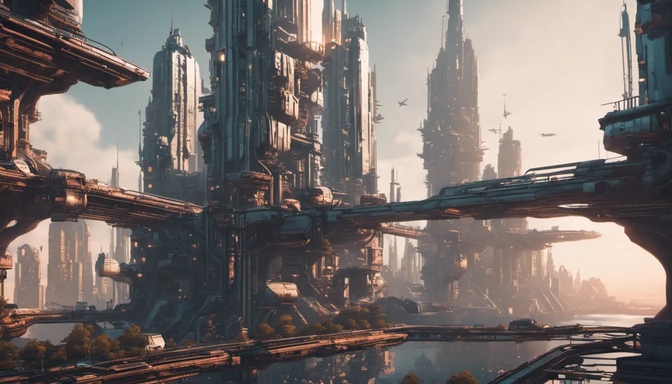 Retrofuturistic city landscape in the style of Beneath a Steel Sky, Atmospheric, Highly Detailed, Intricate, Stunning, Realistic, Octane Render, Unreal Engine, Volumetric Lighting, Concept Art