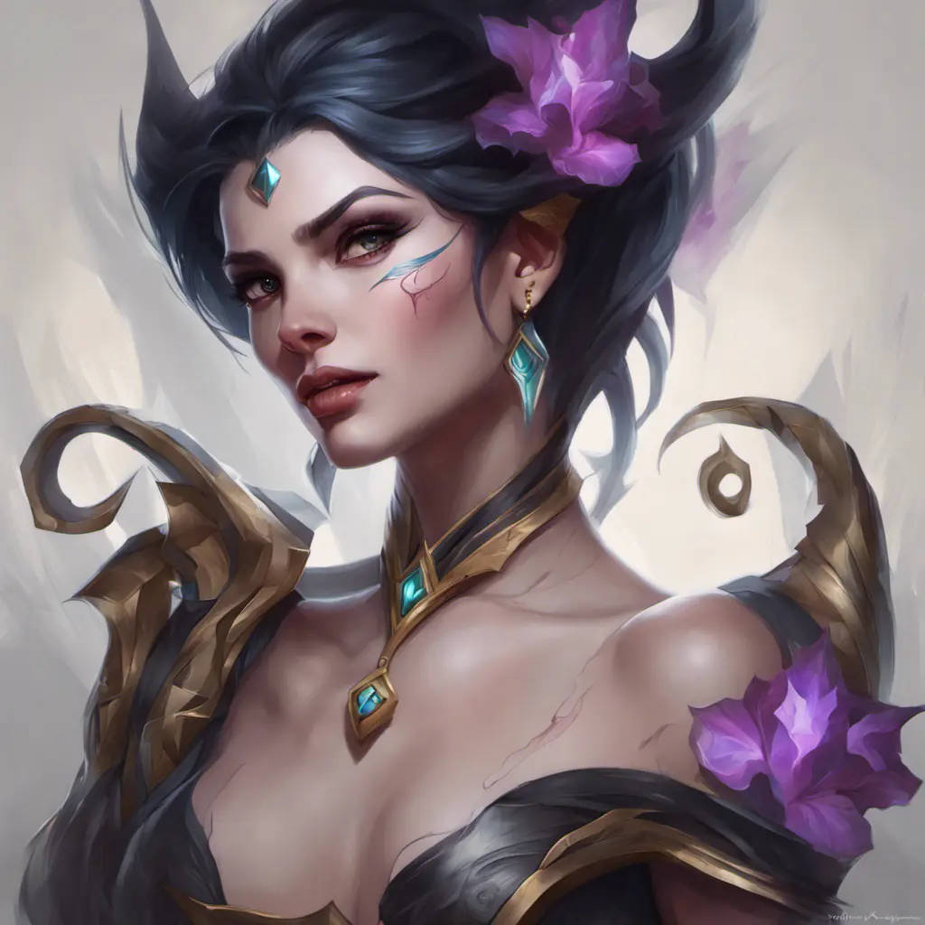 Matte portrait of Morgana from League of Legends with tattoos, 8k, Highly Detailed, Powerful, Alluring, Artstation, Magical, Digital Painting, Photo Realistic, Sharp Focus, Volumetric Lighting, Concept Art by Stanley Artgerm Lau, Alphonse Mucha, Greg Rutkowski