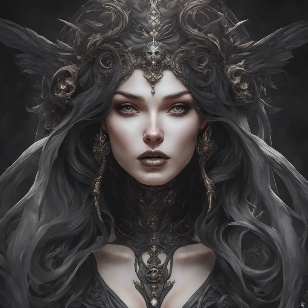 Alluring matte portrait of the beautiful goddess of death Ker in black, 8k, Highly Detailed, Intricate, Realistic, Sharp Focus, Volumetric Lighting, Fantasy, Elegant by Stanley Artgerm Lau, Alphonse Mucha, WLOP