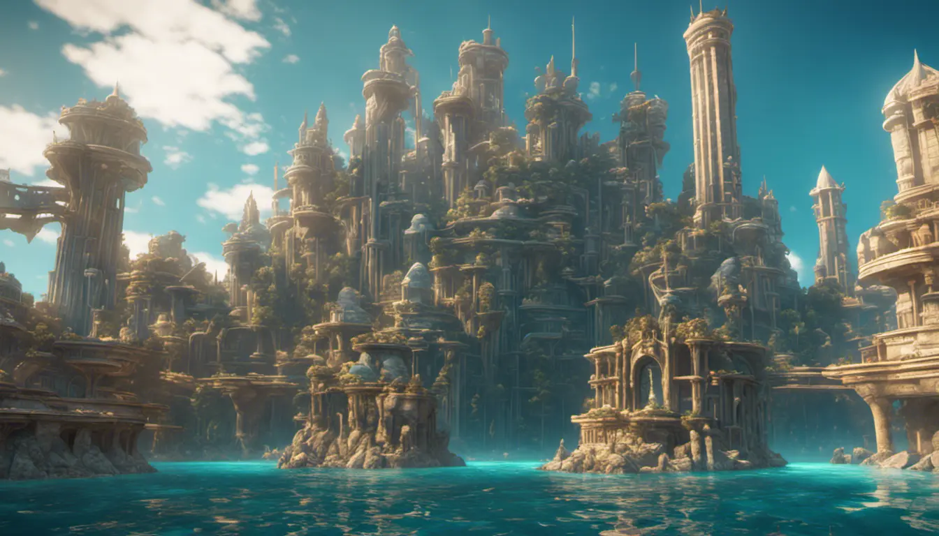 Matte portrait of a thriving undewater city of Atlantis, Highly Detailed, Beautiful, Stunning, Realistic, Octane Render, Unreal Engine, Volumetric Lighting, Vibrant Colors