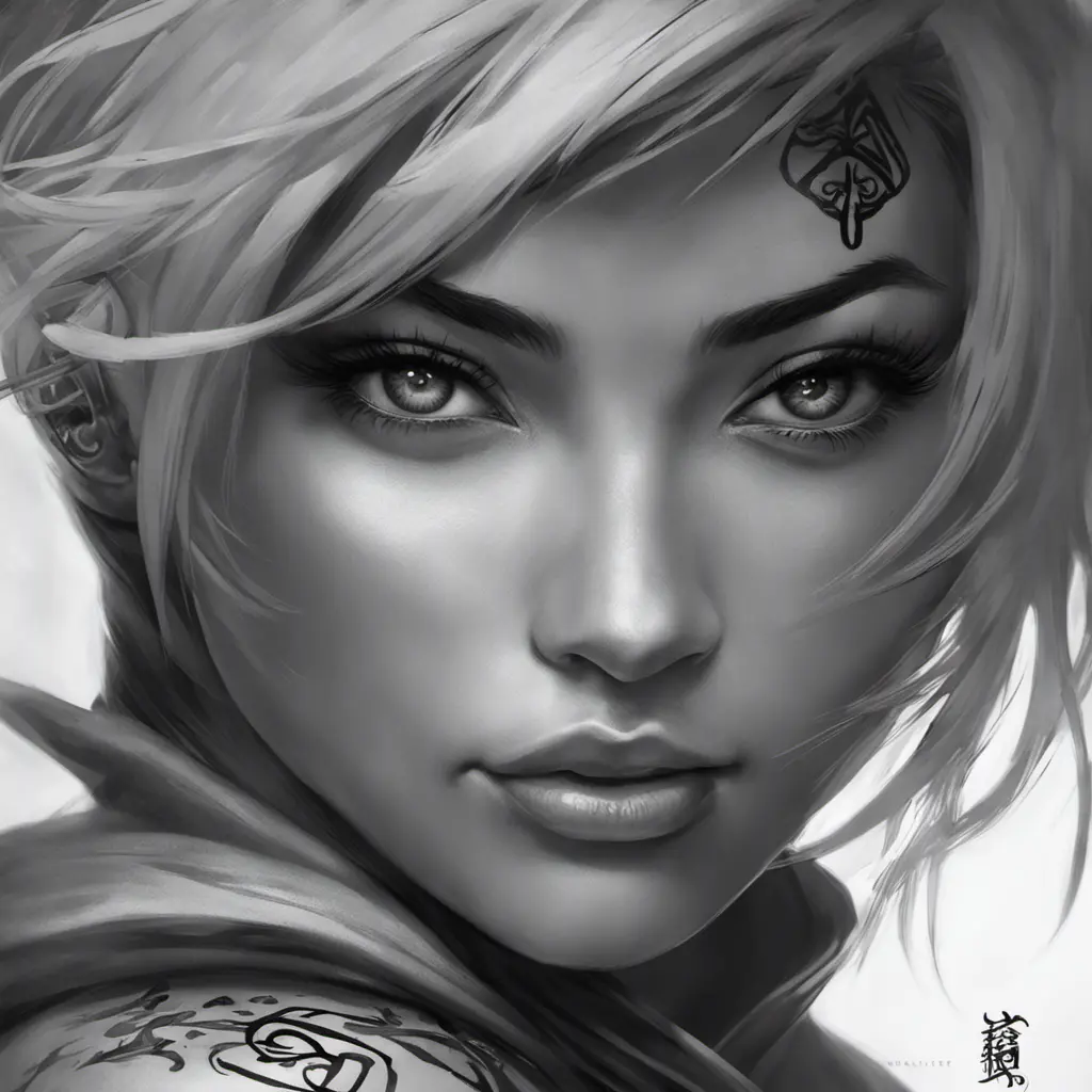 Grayscale matte portrait of a beautiful female ninja with tattoos, 4k, Highly Detailed, Powerful, Alluring, Artstation, Magical, Digital Painting, Photo Realistic, Sharp Focus, Volumetric Lighting, Concept Art by Stanley Artgerm Lau, Alphonse Mucha, Greg Rutkowski