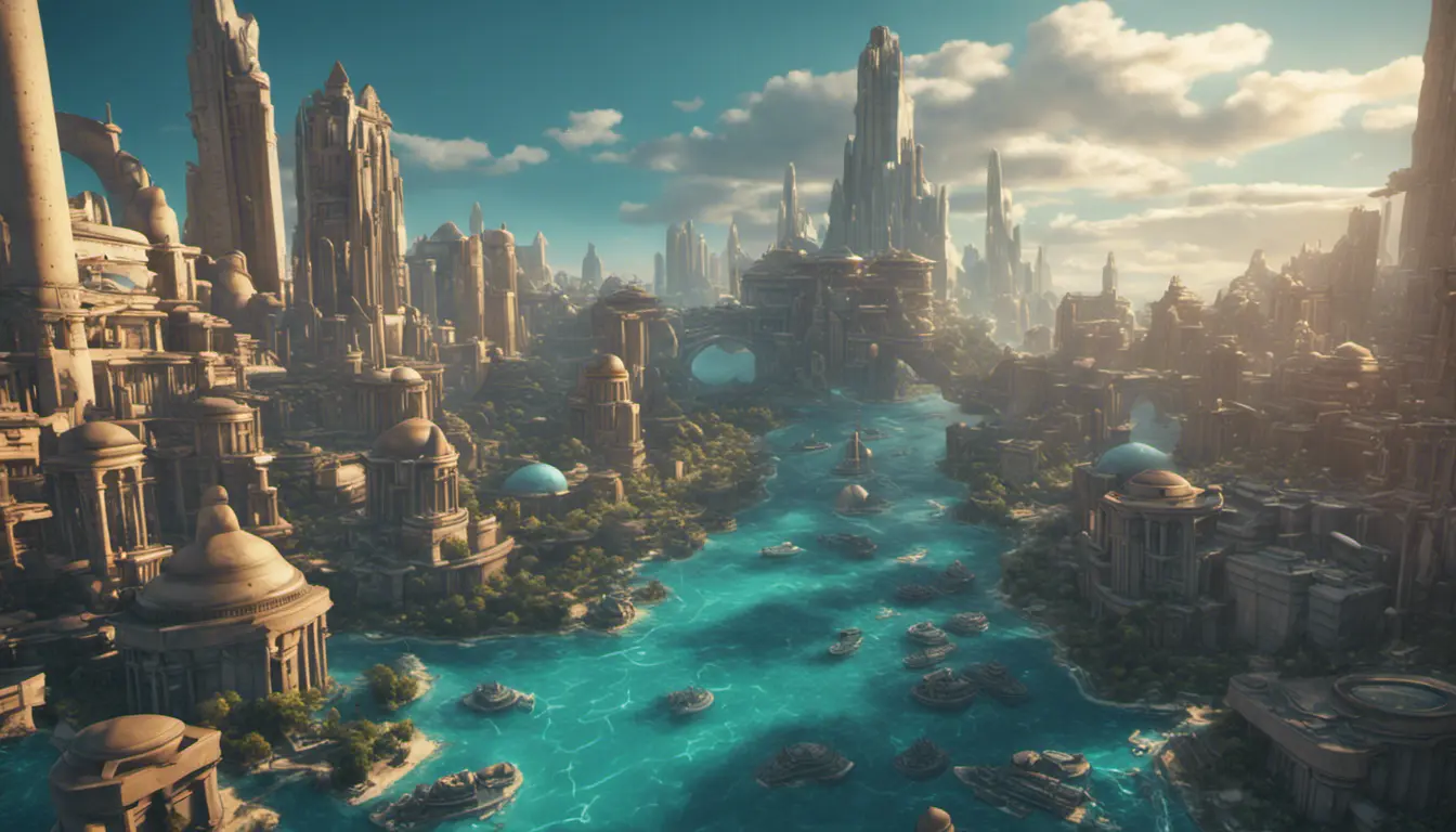 Matte portrait of a thriving undewater city of Atlantis, Highly Detailed, Beautiful, Stunning, Realistic, Octane Render, Unreal Engine, Volumetric Lighting, Vibrant Colors