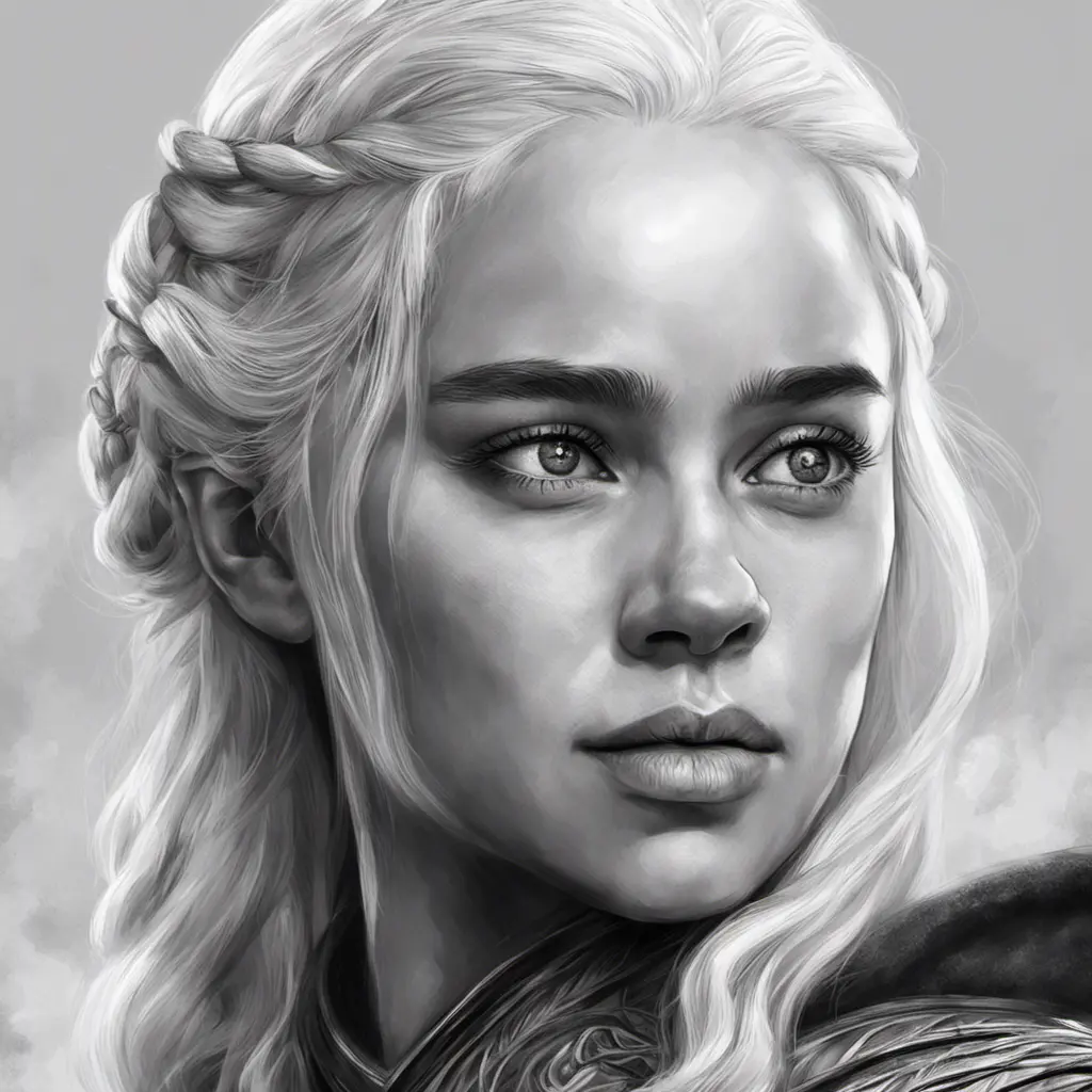 Black & White portrait of Daenerys Targaryen, Highly Detailed, Intricate, Artstation, Beautiful, Digital Painting, Sharp Focus, Concept Art, Elegant