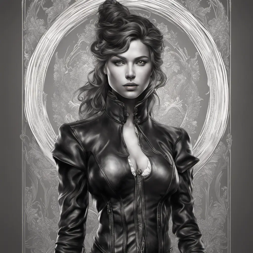 Alluring matte portrait of a beautiful A2 in black leather, 8k, Highly Detailed, Intricate, Half Body, Realistic, Sharp Focus, Volumetric Lighting, Fantasy, Elegant by Stanley Artgerm Lau, Alphonse Mucha, WLOP, Stefan Kostic