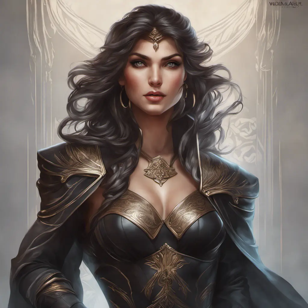 Alluring matte portrait of a beautiful Kassandra wearing black leather, 8k, Highly Detailed, Intricate, Half Body, Realistic, Sharp Focus, Volumetric Lighting, Fantasy, Elegant by Stanley Artgerm Lau, Alphonse Mucha, WLOP