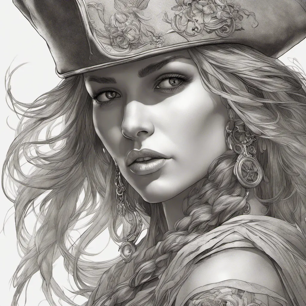 Alluring matte portrait of a beautiful female Pirate, 8k, Highly Detailed, Intricate, Half Body, Realistic, Sharp Focus, Volumetric Lighting, Fantasy, Elegant by Alphonse Mucha