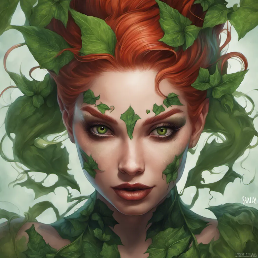 Closeup matte portrait of a tattooed Poison Ivy, symmetrical face, 8k, Highly Detailed, Intricate, Artstation, Matte Painting, Sharp Focus, Concept Art by Stanley Artgerm Lau, Greg Rutkowski