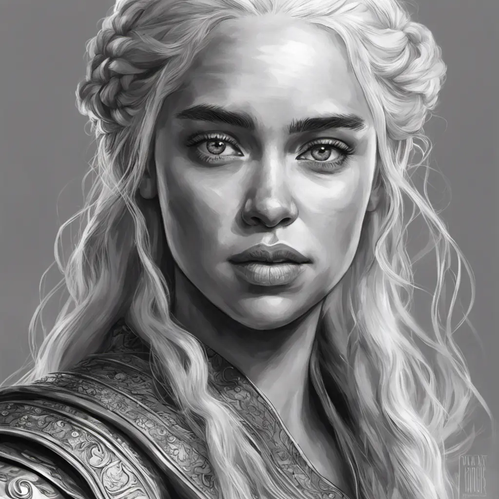 Black & White portrait of Daenerys Targaryen, Highly Detailed, Intricate, Artstation, Beautiful, Digital Painting, Sharp Focus, Concept Art, Elegant