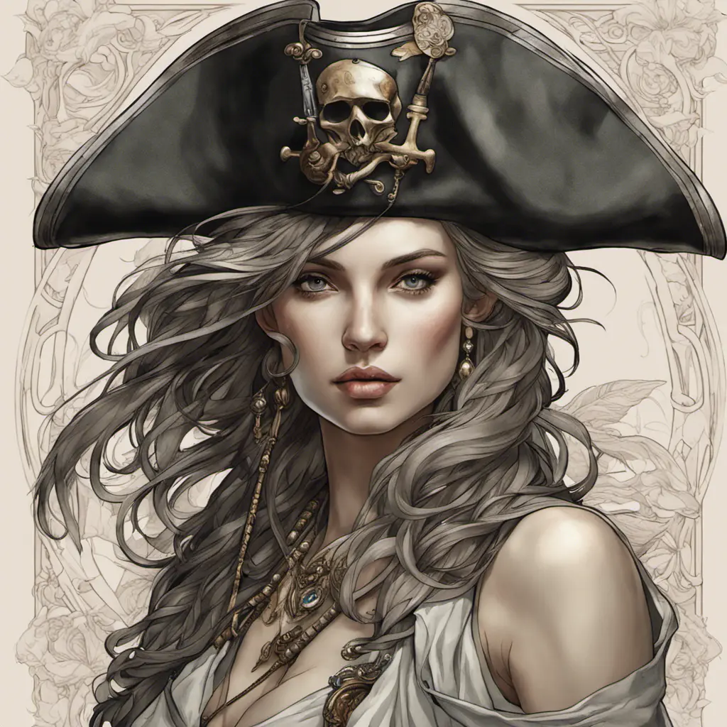 Alluring matte portrait of a beautiful female Pirate, 8k, Highly Detailed, Intricate, Half Body, Realistic, Sharp Focus, Volumetric Lighting, Fantasy, Elegant by Alphonse Mucha