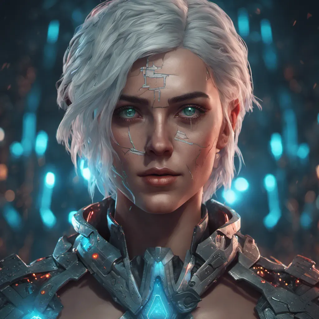 Portrait of Ciri as a Cyborg, 8k, Highly Detailed, Intricate, Intricate Artwork, Symmetry, Trending on Artstation, Cinematic Lighting, Octane Render, Iridescence, Abstract colors, Realism by Beeple, Dan Mumford, Greg Rutkowski, WLOP