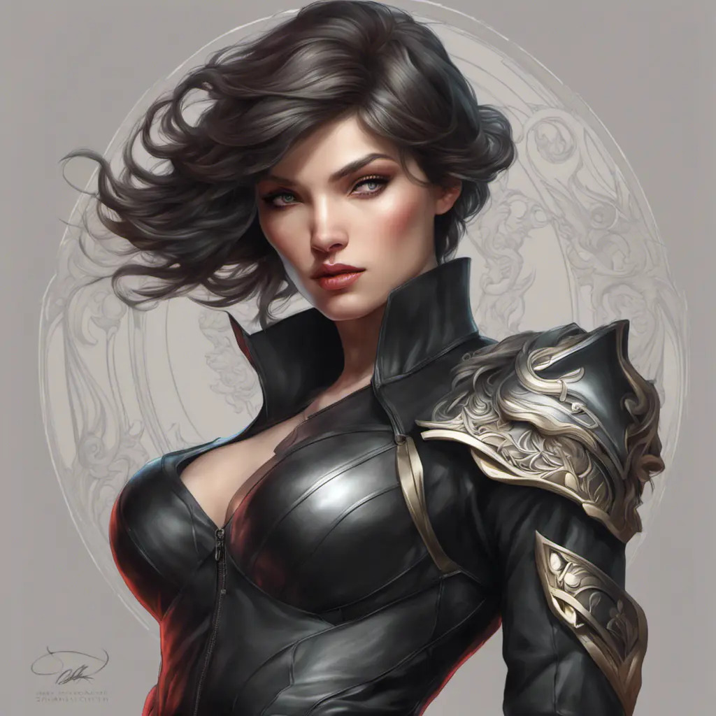 Alluring matte portrait of a beautiful Fiora wearing black leather, 8k, Highly Detailed, Intricate, Half Body, Realistic, Sharp Focus, Volumetric Lighting, Fantasy, Elegant by Stanley Artgerm Lau, Alphonse Mucha, WLOP, Stefan Kostic