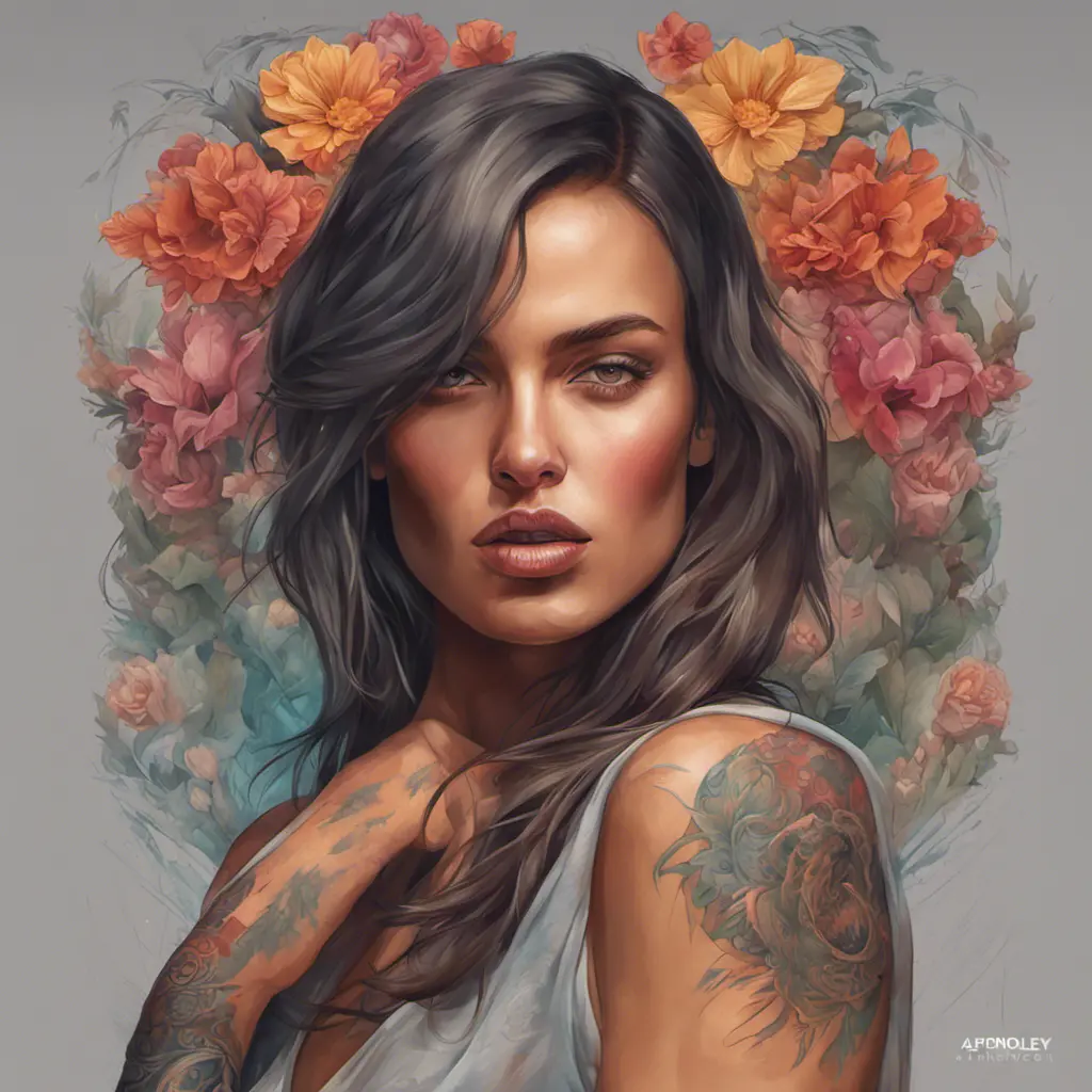 Colorful portrait of a tattooed Irina Shayk with a grey scale face, 4k, Highly Detailed, Hyper Detailed, Powerful, Artstation, Vintage Illustration, Digital Painting, Sharp Focus, Smooth, Concept Art by Stanley Artgerm Lau, Alphonse Mucha, Greg Rutkowski