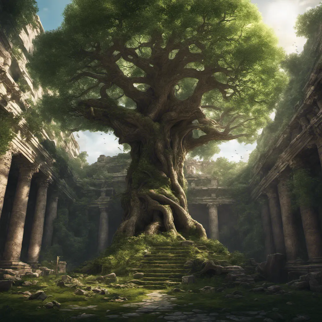 A Tree Of Life growing in the middle of overgrown ancient ruins indoors., 4k resolution, Hyper Detailed, Trending on Artstation, Volumetric Lighting, Concept Art, Digital Art, Fantasy, Dark by Greg Rutkowski