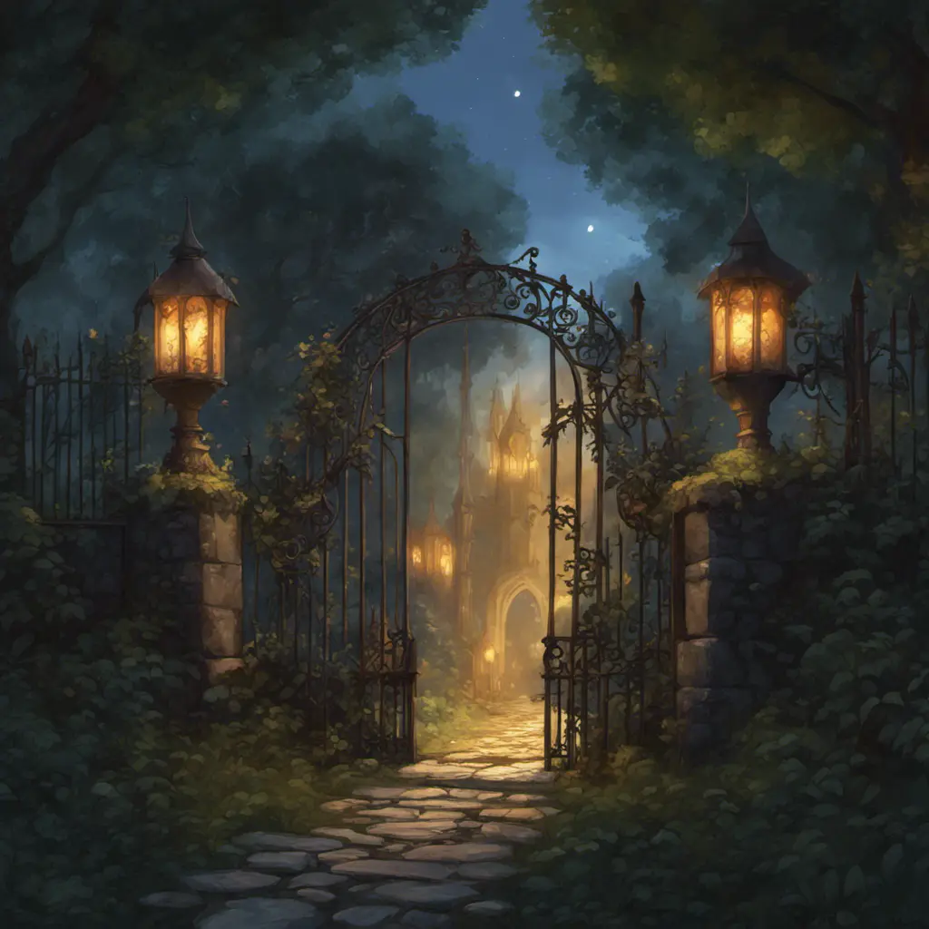 A beautiful digital illustration painting of a detailed gothic fantasy fireflies forest trees and iron gate cobblestone pathway vines full moon, 8k, Artstation, Digital Illustration, Concept Art by Justin Gerard, James Gurney