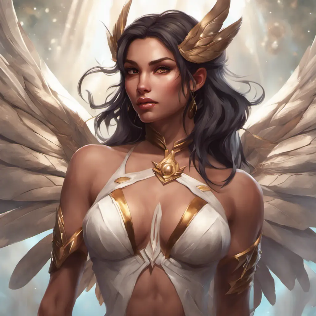 Alluring matte portrait of a beautiful Nidalee with wings, 8k, Highly Detailed, Intricate, Half Body, Realistic, Sharp Focus, Volumetric Lighting, Fantasy, Elegant by Stanley Artgerm Lau, Alphonse Mucha, WLOP