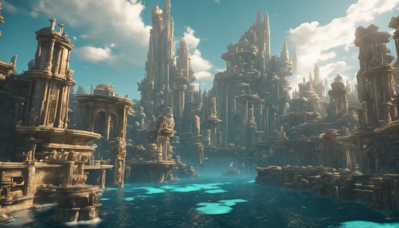 Matte portrait of a thriving undewater city of Atlantis, Highly Detailed, Beautiful, Stunning, Realistic, Octane Render, Unreal Engine, Volumetric Lighting, Vibrant Colors