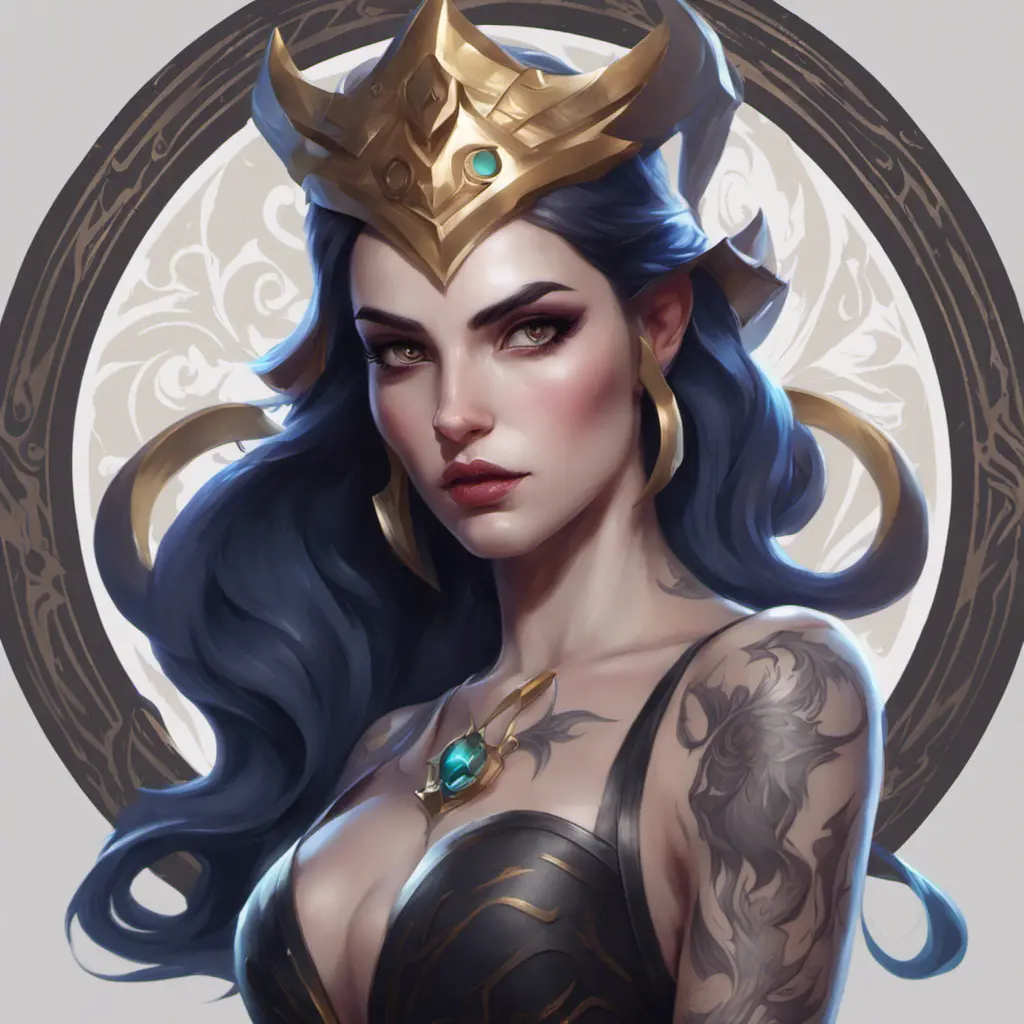 Matte portrait of Morgana from League of Legends with tattoos, 8k, Highly Detailed, Powerful, Alluring, Artstation, Magical, Digital Painting, Photo Realistic, Sharp Focus, Volumetric Lighting, Concept Art by Stanley Artgerm Lau, Alphonse Mucha, Greg Rutkowski