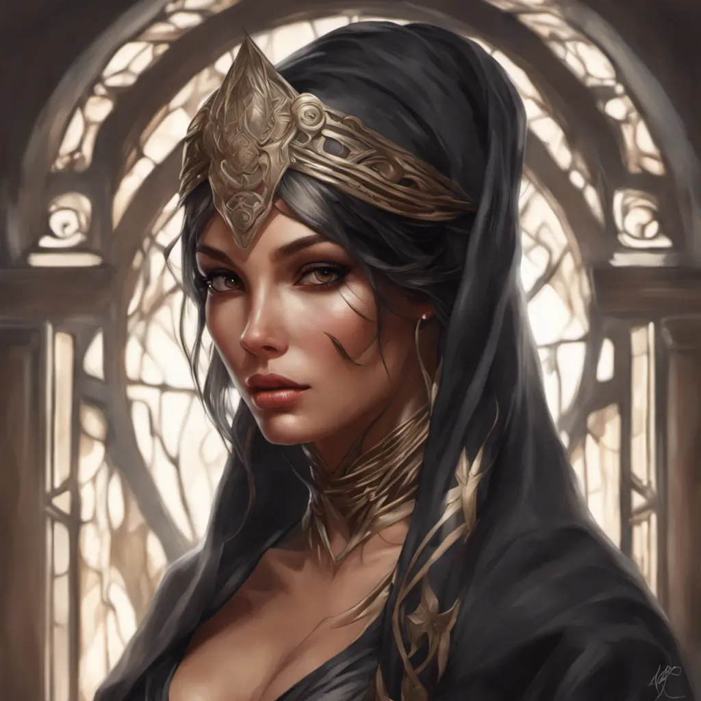 Alluring matte portrait of a beautiful veiled Nidalee wearing a black veil, 8k, Highly Detailed, Intricate, Half Body, Realistic, Sharp Focus, Volumetric Lighting, Fantasy, Elegant by Stanley Artgerm Lau, Alphonse Mucha, WLOP